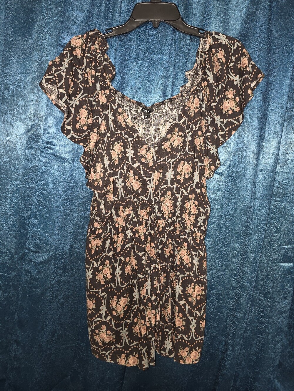Torrid Brown Top with Peach Floral & Blue Accents